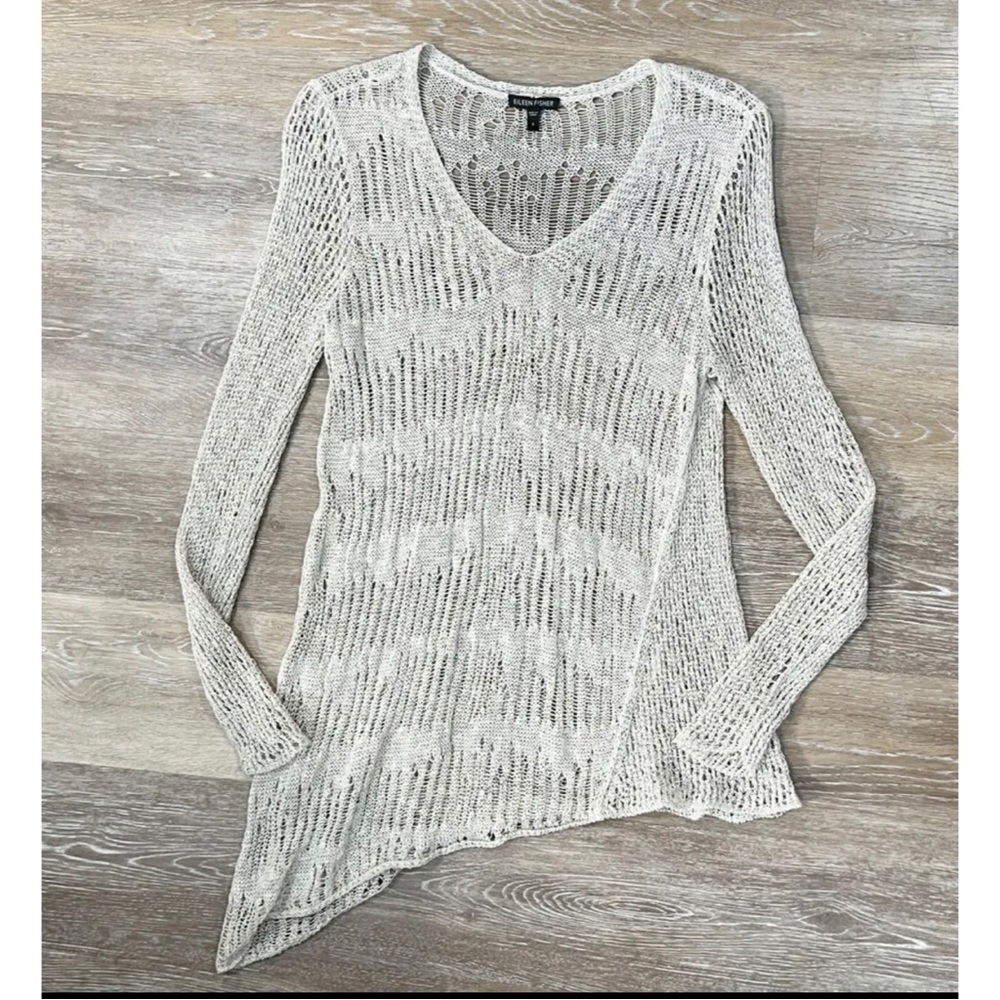 Eileen Fisher Sz S Beige Gray Asymmetrical Hem Open Knit Linen V Neck Sweater